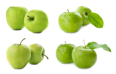 Set with delicious green apples on white background