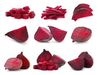 Set with cut fresh beets on white background