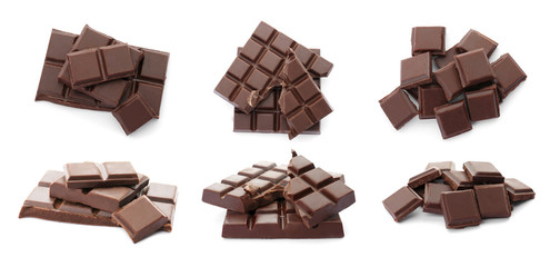 Set with delicious chocolate on white background
