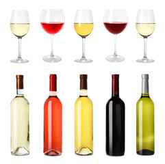 Set with different blank wine bottles and glasses on white background