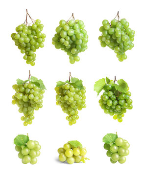Set with juicy ripe grapes on white background