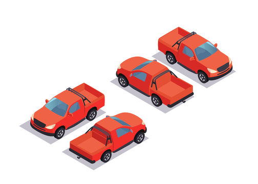Flat Isometric pick up car. Vector template isolated red off-rooad car on white background.