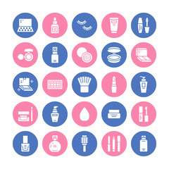 Makeup beauty care flat glyph icons. Cosmetics illustrations of lipstick, mascara, powder, eyeshadows, cushion foundation, nail polish, hair brush shampoo sign. Solid silhouette pixel perfect 64x64.