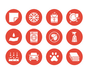 Fototapeta premium Microfiber cloth properties flat glyph icons. Absorbing material, dust cleaning, washable, antibacterial, clean detergent illustrations. Signs for napkin package. Solid silhouette pixel perfect 64x64.