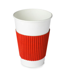 Empty takeaway paper coffee cup isolated on white