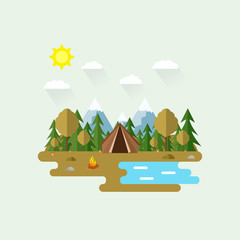Illustration of beautiful forest scene. Autumn landscape in flat style. Sunny day. Background. Tent, mushrooms, trees, stones, campfire, mountains, forest and water. Camping,summer camp,hiking,tourism