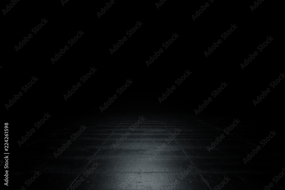 Wall mural black background and reflective concrete with floor empty space for text 3d rendering illustration