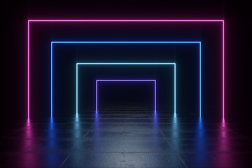 Futuristic Sci-Fi Abstract Blue And Purple Neon Light Shapes On Black Background And Reflective Concrete With Empty Space For Text 3D Rendering Illustration