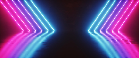 Futuristic Sci-Fi Abstract Blue And Purple Neon Light Shapes On Black Background And Reflective Concrete With Empty Space For Text 3D Rendering Illustration
