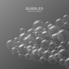 White water bubbles on transparent background with reflection. Set. Vector illustration