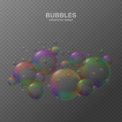 Colorful water bubbles on transparent background with reflection. Set. Colors of rainbow. Vector illustration