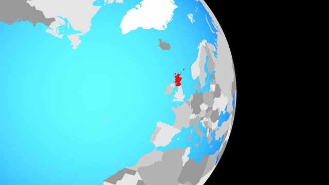 Closing in on Scotland on simple political globe. 3D illustration.