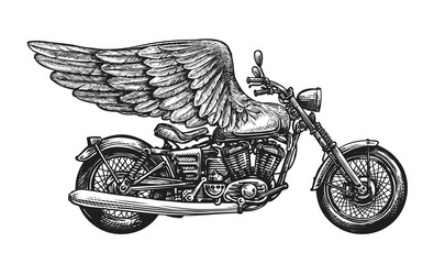 Fototapeta premium Motocykl i skrzydła, szkic. Vintage ilustracji wektorowych