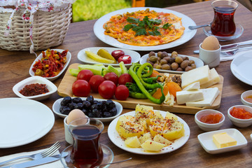 travel concept setup with traditional turkish breakfast