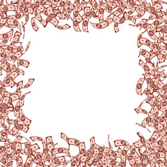 Russian ruble notes falling. Small RUB bills on wh