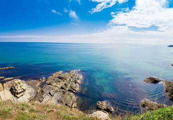 Fototapeta na wymiar Beach of the Black Sea in Sinemorets, Bulgaria.View of coast near Sinemorets in Bulgaria..
