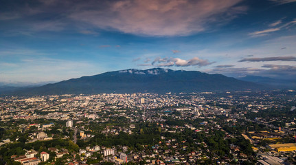 CHIANG MAI, THAILAND- AUGUST 7, 2018 : Aerial Panorama View of Chiang Mai City with sunset and clouds, Thailand.