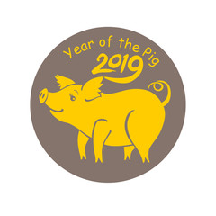 Year of the Pig 2019. Round sticker with cute yellow piggy. Vector template New Year's design on the Chinese calendar. Funny pig in snowflakes.