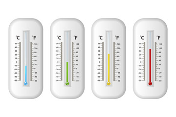 Vector realistic 3d celsius and fahrenheit meteorology, weather thermometer icon set closeup isolated on white background. Clip art, design template for graphics. Thermometers with different levels