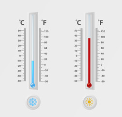 Two vector realistic 3d celsius and fahrenheit meteorology, weather thermometer sign icon set closeup isolated on white background. Clip art, design template for graphics. Thermometers with different