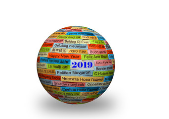 Happy New Year 2019 on  different  languages on 3d sphere