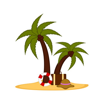 Palm trees with a lifesaver and a travel suitcase