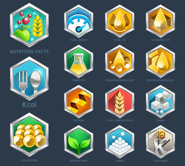 Nutrition facts with Food Science laboratory Hexagon strong symbol concept style. Symbols of Separation nutrients are common in food products color label collection.