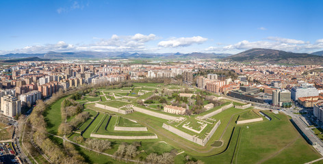 Aerial view of Pamplona citadel with blue clodu sky background on a spring morning with bastions,...