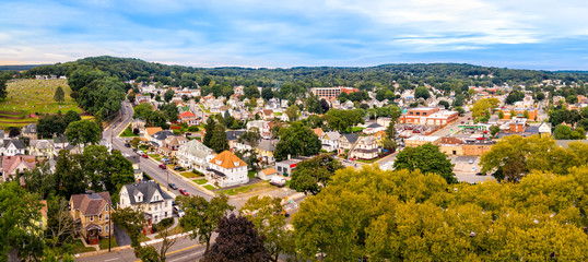 Fototapeta na wymiar Aerial cityscape of Dover, New Jersey. Dover has become a majority minority community, with 70 percent of the population identifying themselves as Hispanic.