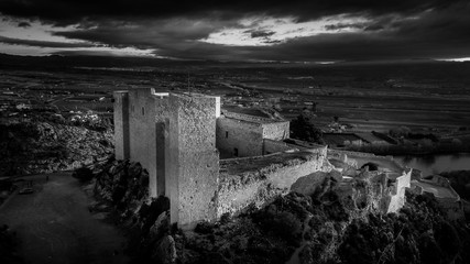 Black and white aerial view of Miravet castle in Spain