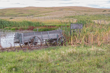 old broken horse drawn wagon sitting by a pond