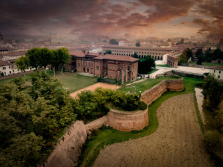 Aerial view of the perfect planned renaissance city of Sabbioneta in Italy with dramatic sky