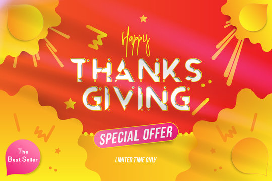 Happy Thanksgiving typography poster with special offer. Celebration card for autumn event. Creative template with decoration elements and shadow on the background. Flat vector illustration EPS10