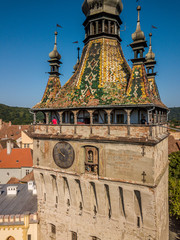 Aerial view of the clock tower of Sighisoara in Romania
