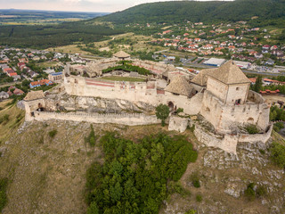 Aerial panoramic view of medieval ruined Sumeg castle near lake Balaton Hungary