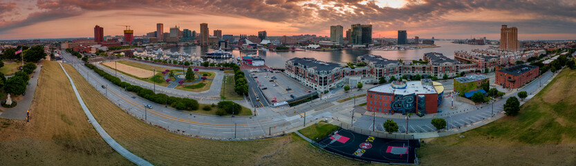 Inner harbor and marina downtown city skyline Baltimore Maryland USA aerial view