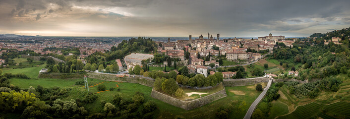 Bergamo upper town citta alta panoramic aerial view - obrazy, fototapety, plakaty