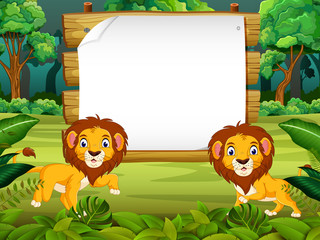 Obraz na płótnie Canvas the nature view with the wooden board blank space and little lion 