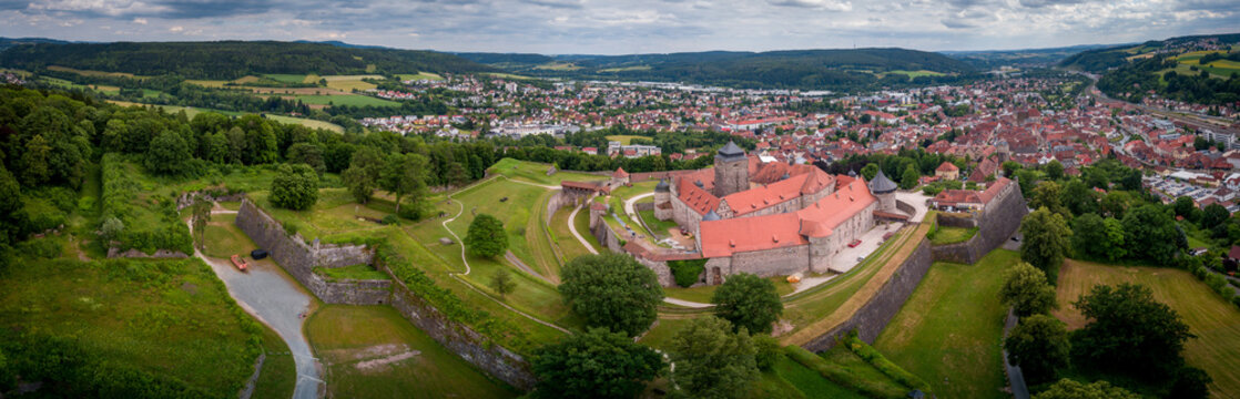 Aerial panorama of famous German castle and town Kronach in Bavaria Germany