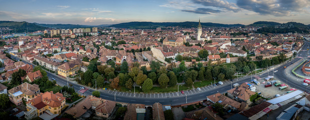 Aerial panorama of medieval Saxon Medias in Transylvania Romania with city walls, church and towers