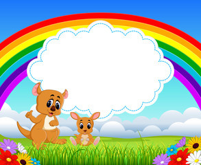 the nature view with the cloud board blank space and a little kangaroo with her mom 

