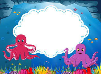 the ocean view with the cloud board blank space and two big octopus with a little fish 
