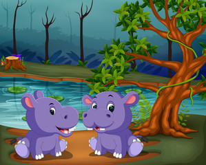 the river view with two big purple hipopotamus playing together 

