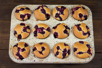 Delicious Muffins with cherry baked in the pan. Closeup