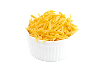 Bowl of Grated Cheddar Cheese on a White Background