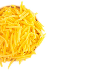 Bowl of Grated Cheddar Cheese on a White Background