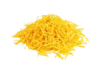 Foto auf Acrylglas Pile of Grated Cheddar Cheese on a White Background © pamela_d_mcadams