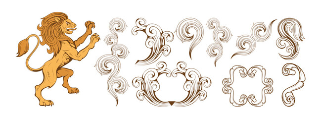 Obraz premium heraldyka, herb lub herb heraldyczny, elementy heraldyczne do projektowania, grawerowanie, styl vintage retro, heraldyka godło zwierząt, logo zwierząt, grafika wektorowa do zaprojektowania