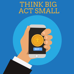 Text sign showing Think Big Act Small. Conceptual photo Great Ambitious Goals Take Little Steps one at a time.
