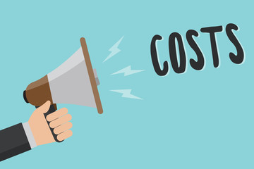 Conceptual hand writing showing Costs. Business photo showcasing Expenditure Amount that has to be paid spent to buy obtain something Man holding megaphone blue background message speaking loud